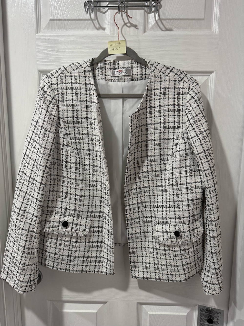 Kasper White and Black Tweed Collarless Blazer, old money